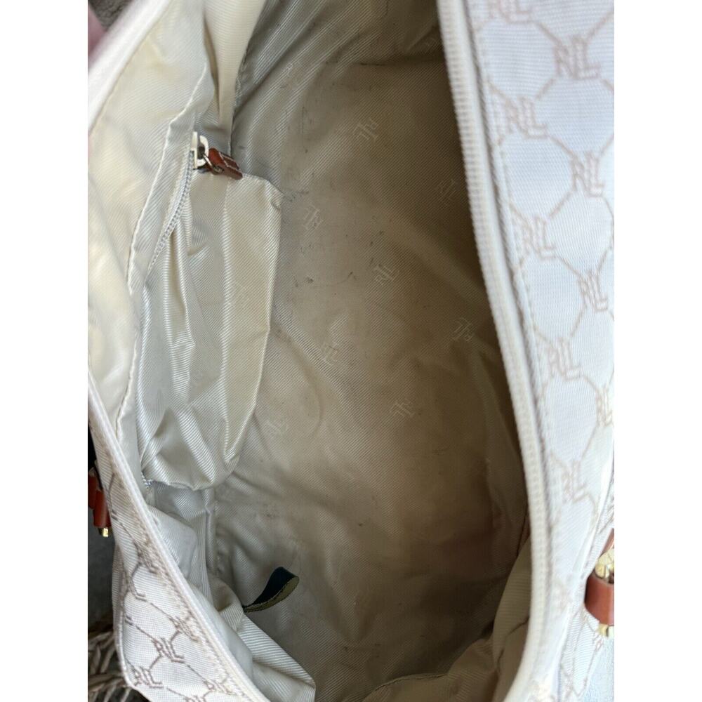 Vtg Women's Lauren Ralph Lauren Handbag All Pattern Beige Canvas Carmel Leather - Picture 8 of 8